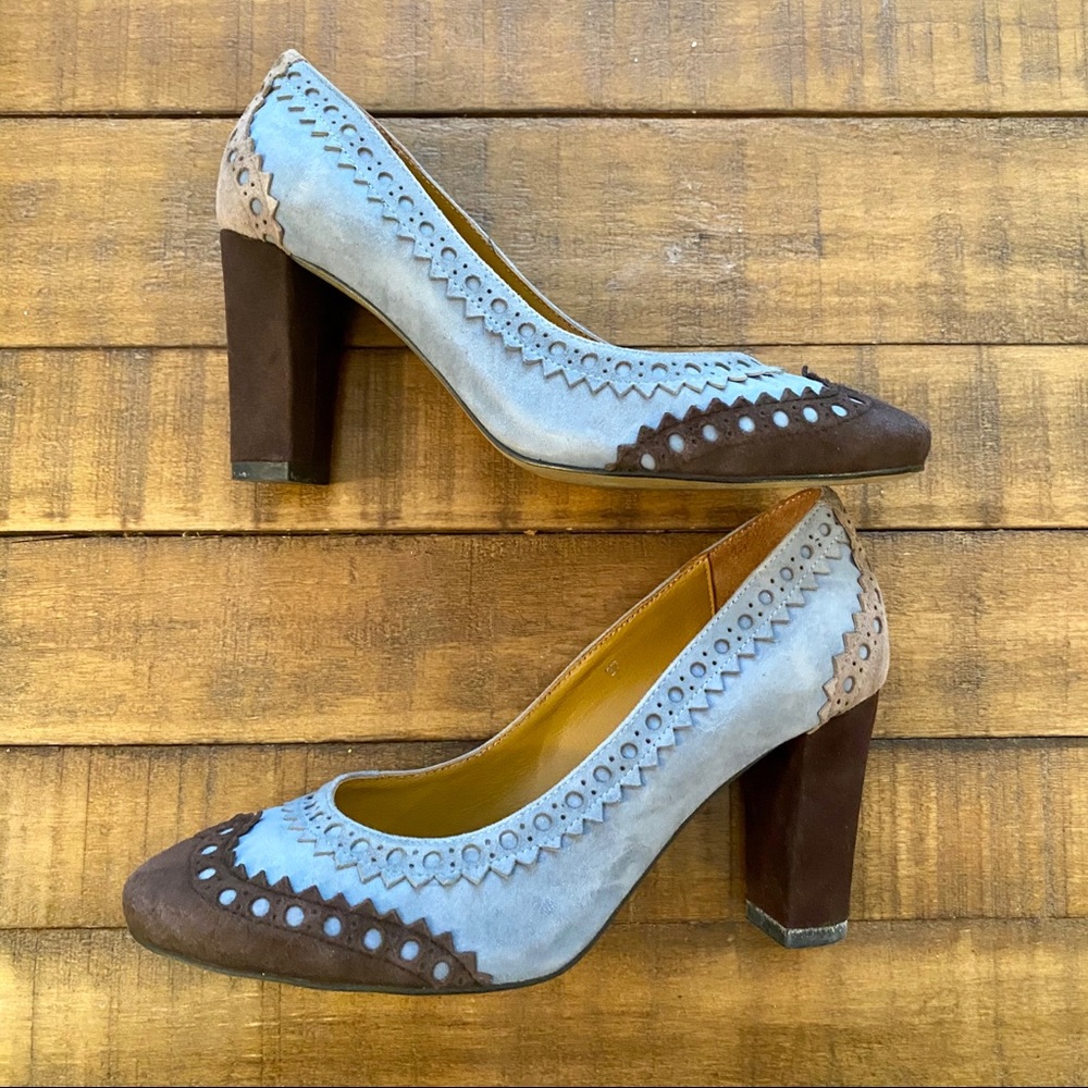 Hermès blue and brown suede round-toe heels 37